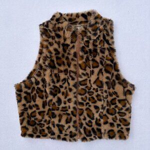 Shein Faux Fur Leopard Cheetah Print Fuzzy Zip-up Vest Size L y2k Mobwife 2000s